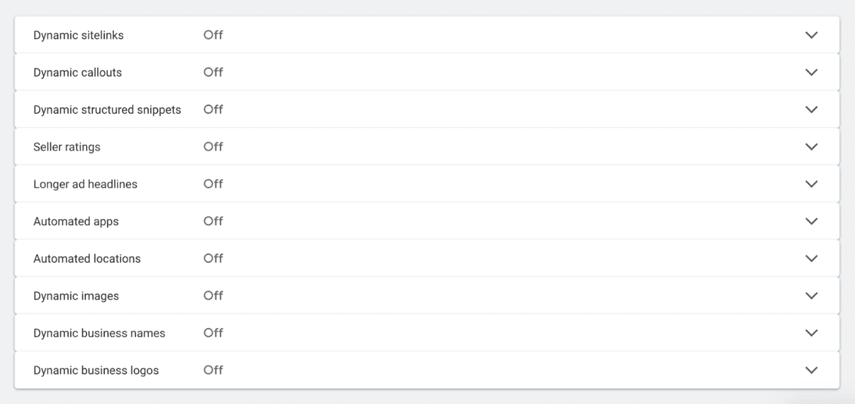 A list of settings all disabled in a chart
